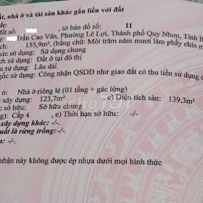 Bán lô đất mặt tiền đường Trần Cao Vân, Quy Nhơn