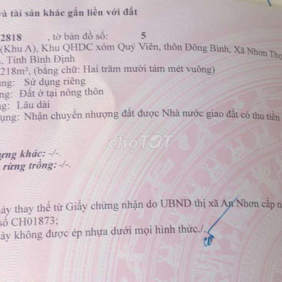 Bán lô đất QHDC Quý Viên - Nhơn Thọ, Thị xã An Nhơn, Bình Định