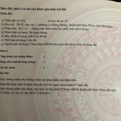 Bán lô đất hẻm đường Hoàng Văn Thụ, phường Lê Hồng Phong, TP Quy Nhơn