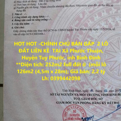 2 LÔ ĐẤT LIỀN KỀ  TẠI Xã Phước Thuận, Huyện Tuy Phước, tỉnh Bình Định