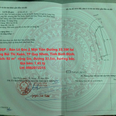 Lô Góc 2Mặt Tiền Đường 33,5M Phường Bùi Thị Xuân,TP Quy Nhơn,Bình Định