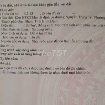 Đất Mặt Tiền Quy Nhơn 5.2M, 110M2, Hướng Đông