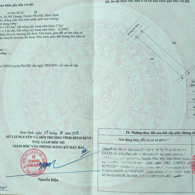 Cần bán nhanh lô đất xã Mỹ Quang phù Mỹ , chính chủ,  hoa hồng cho MG